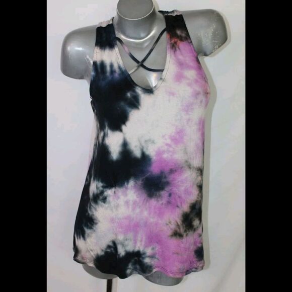 WHITE BIRCH PURPLE BLACK WHITE TIE DYE CRISS CROSS TANK SIZE MEDIUM NWOT - Picture 1 of 7